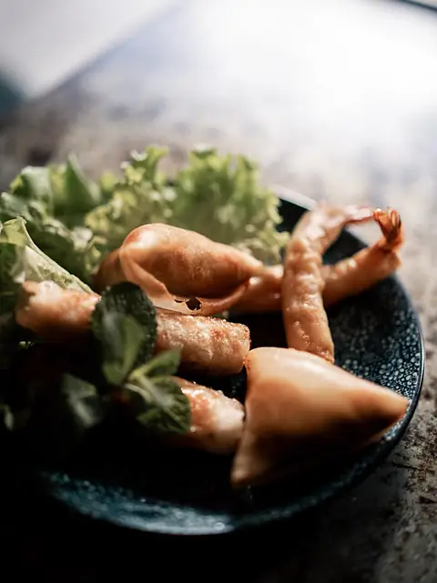 Entrées frites sur salade et menthe : rouleaux, samoussa et crevettes en beignet.